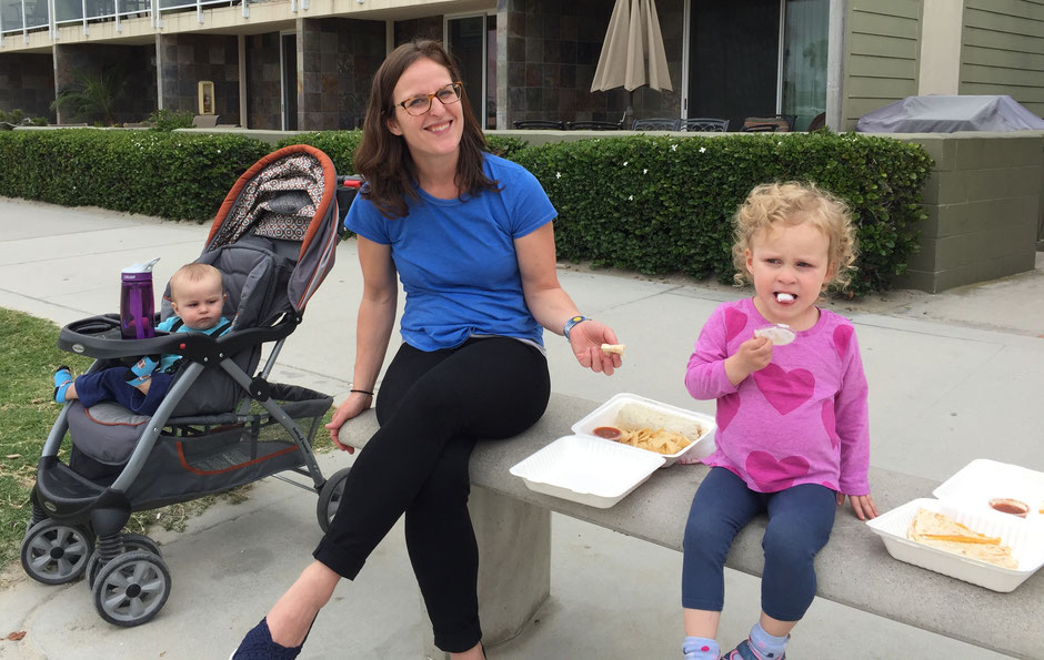 Mission Beach San Diego with toddler and baby in stroller