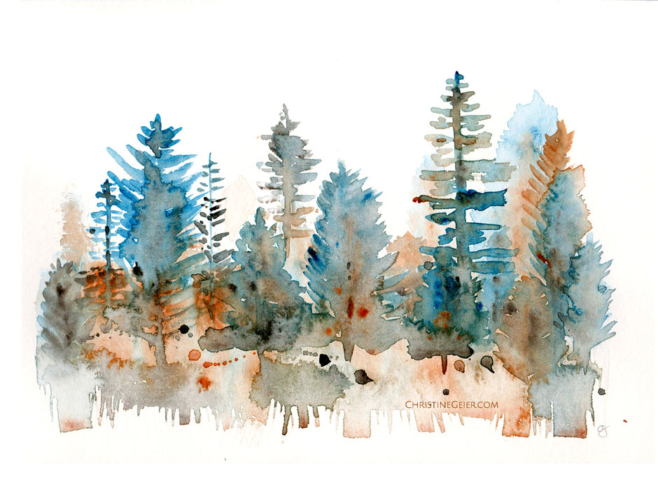 Wald, forest, Aquarell, watercolour, watercolor, Illustration, trees, flowing, bunt, colourful, abstrakt, abstract, malerei, Original, painting