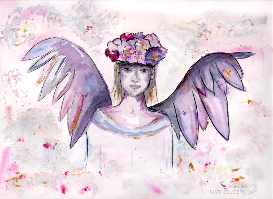 Engel, angel, wings, Flügel, Blütenengel, Aquarell, Malerei, watercolour, watercolor, Illustration, Glaube, spirit, Himmlische Kunst, Visionsmalerei, visionary art