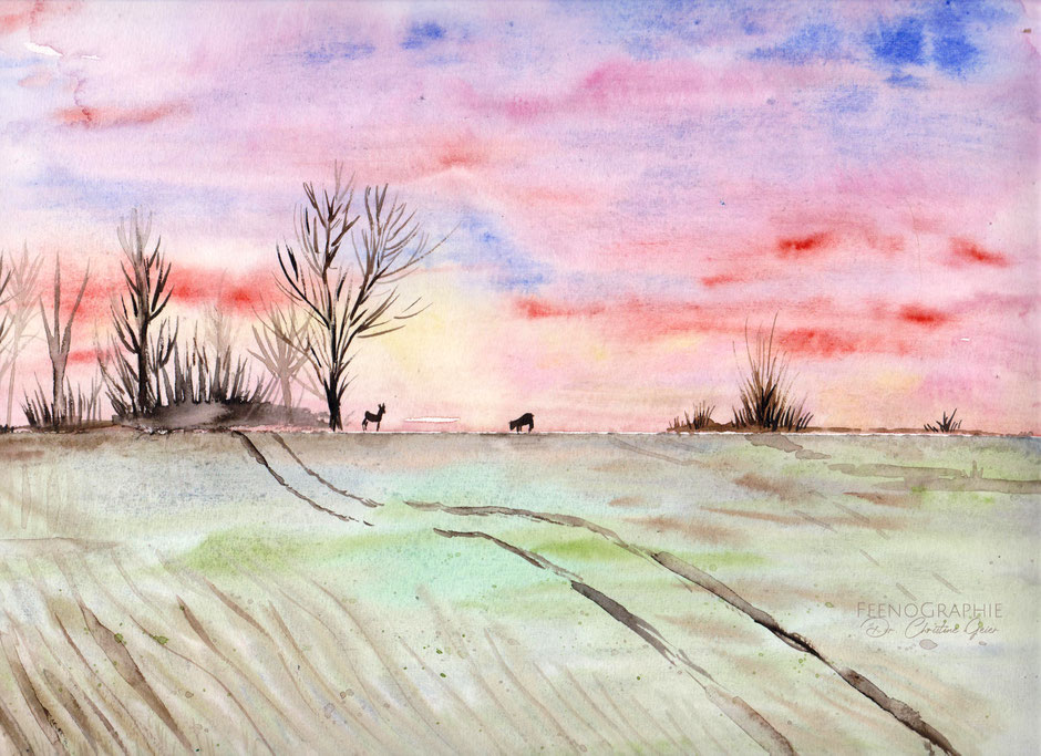 Rehe, Landschaft, Sonnenaufgang, landscape, deer, field, Aquarell, watercolour, watercolor, illustration, landscapeart, deer art, painting, Original, Kunst, Kunstwerk