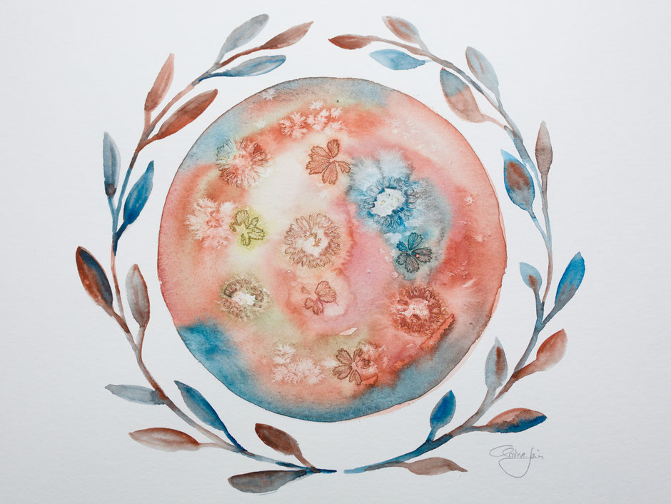 Kranz, Blumenkranz, garland, blossom, plant print, Naturkunst, Naturbild, Aquarell, Aquarellbild, watercolour art, waterecolor painting, Blätter, Gänseblümchen