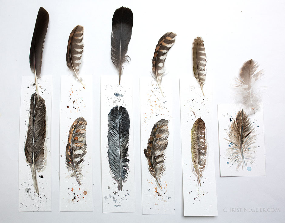 Federn, Aquarell, Feather, watercolour, watercolor, Lesezeichen, bookmark, Kunst, art, Kunstwerk, Malerei, Bild, Vogelfedern, Vogelfeder, gezeichnete Lesezeichen, handmade bookmark, handgemacht