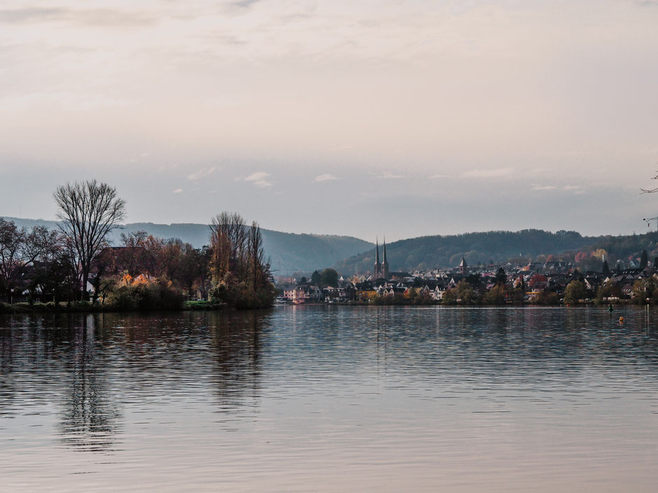 Vom Moselufer am Fährhaus auf das Weindörfchen Koblenz-Güls blicken