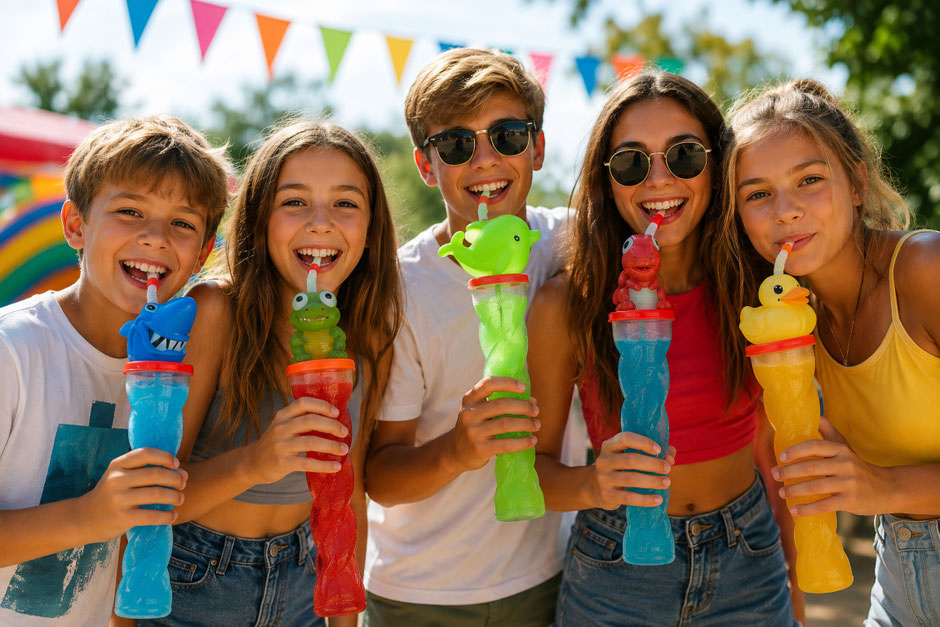 XXL Yardcups mit Trinkhalm und Tierkopf als Party-Upgrade für Slush-Eis
