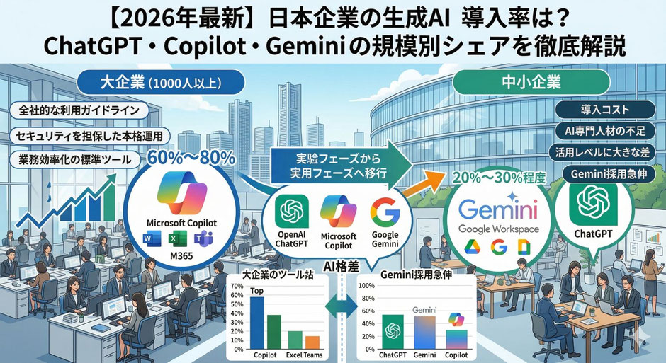 【2026年最新】日本企業の生成AI導入率は？ChatGPT・Copilot・Geminiの規模別シェアを徹底解説