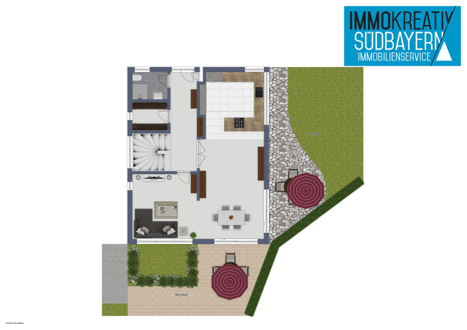 Lageplan de Außenbereichs eines Einfamilienhauses in Edling bei Wasserburg. Dargestellt sind zwei Terrassen im Erdgeschoss mit Gartenflächen, Sitzbereichen in Süd- und Ostausrichtung. Visualisierung: Immo Kreativ Südbayern.