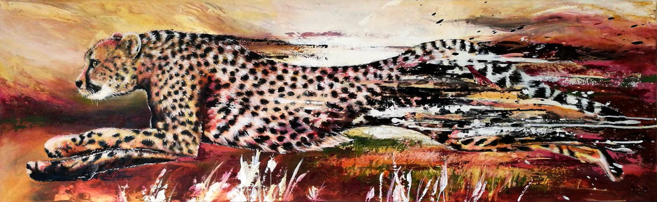 Rennender mit Acrylfarben gespachtelter und gemalter Gepard auf Leinwand auf Keilrahmen. Die Hinterbeine verschwinden in rinnender Farbe und Klecksen.