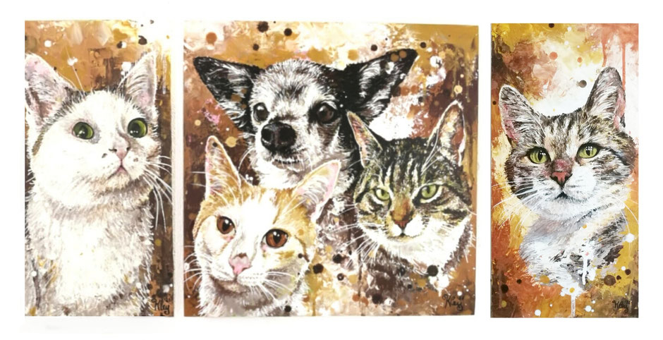 Bilderserie Tierporträts 4 Katzen und ein Hund auf ArtBoard mit Acrylfarben verewigt