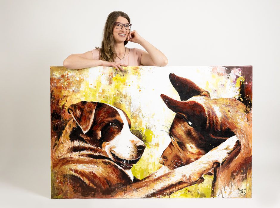 2 Hunde Berner auf Keilrahmen Acrylgemälde von der Künstlerin Maria Kley gespachtelt 