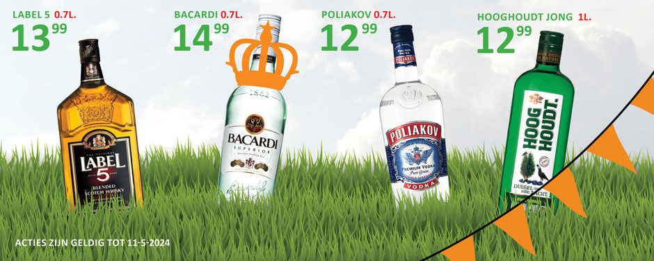 Smirnoff Vodka, 1L, €17,99  Bokma Jong, 1L, €13,99  Glen Talloch, 1,5L, €25,99  Bacardi, 1,5L, €29,99  23-3-2024. 