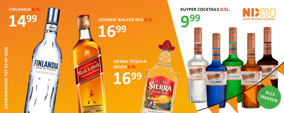  Pushkin Vodka 700 €9,99 Aperol 700 €13,99 Jack Honey 700 €23,99 Sourz 700 €9,99 8-6-2026
