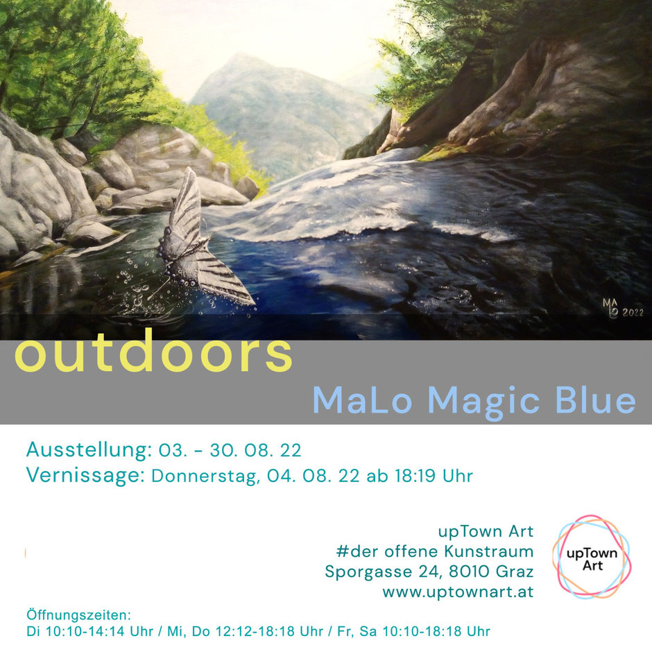 Slap Boka, fotorealistisches Acrylbild des österreichischen Künstlers MaLo Magic Blue. Der Segelfalter über dem Wasserfall in Slowenien
