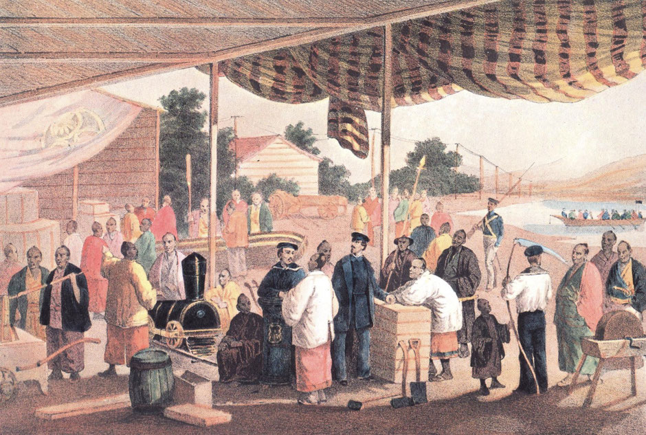 Delivery of American gifts, including steam locomotive, in Yokohama on March 13, 1854. Sarony lithograph from William Peters sketch. 1854年3月13日、横浜で蒸気機関車を含むアメリカの贈り物が届けられた時の様子。ウィリアム・ピーターズのスケッチに基づくサロニーのリトグラフ