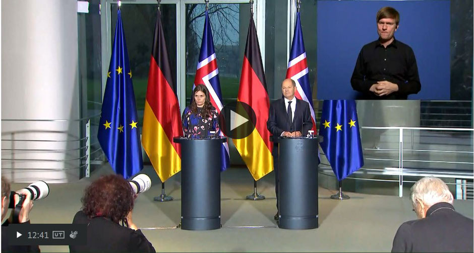 Video der Pressekonferenz von Bundeskanzler Olaf Scholz und Islands Premierministerin Katrín Jakobsdóttir. Foto von Bundesregierung