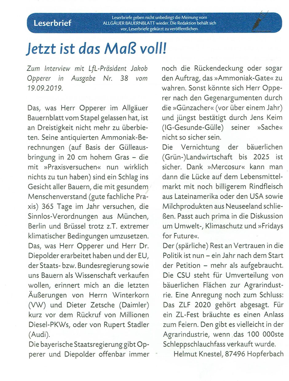 Leserbrief Allgäuer Bauernblatt - 04.10.2019 - Seite 14