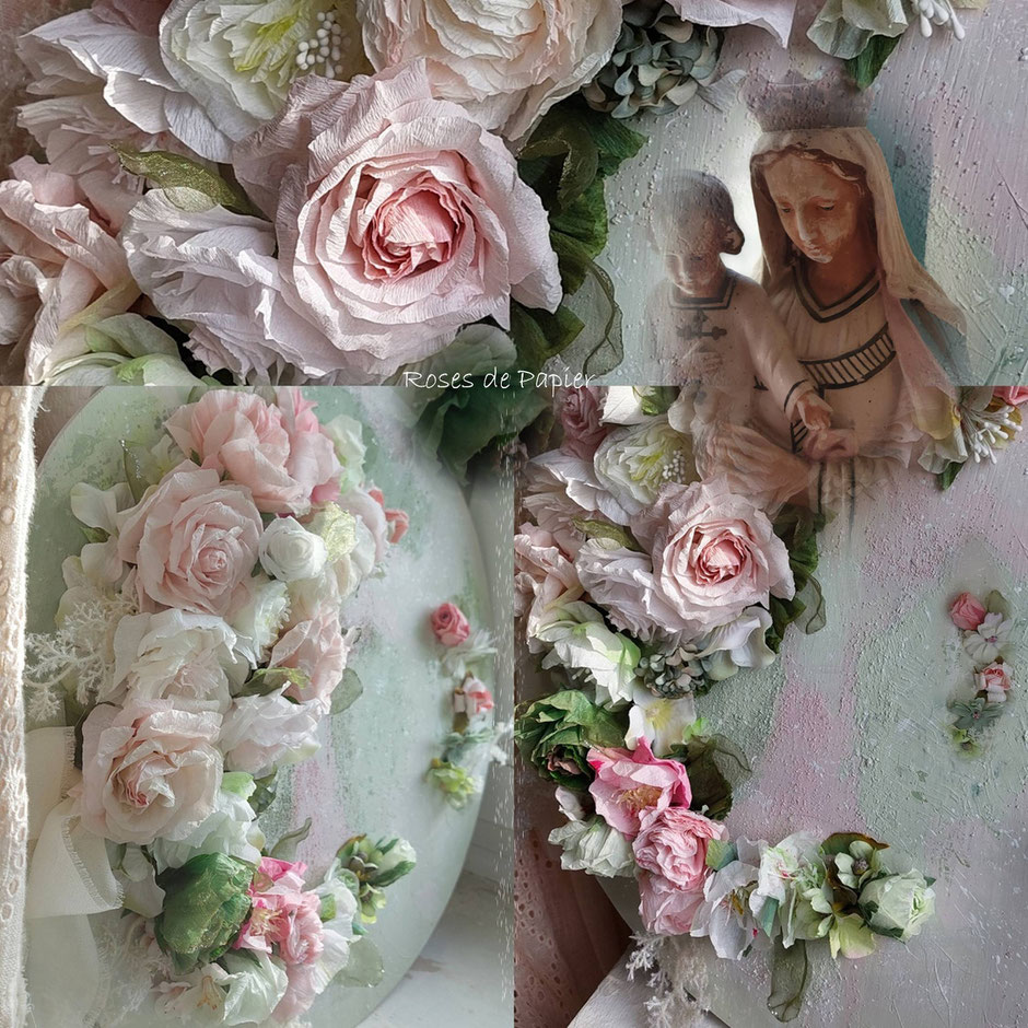 Couronne de roses en papier sur bois. Roses faites à la main. Sur demande.