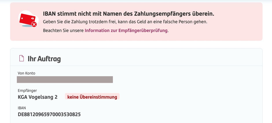 Bei einer unkorrekten Eingabe des Empfängernamens seht ihr eine solche Fehlermeldung. Bitte hier stattdessen eingeben: Kleingartenanlage Vogelsang II e.V.