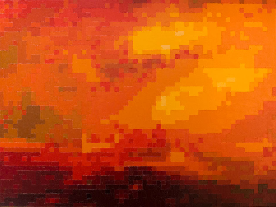 Das gekacheltes Motiv in kräftigen Farben als brennende Landschaft.