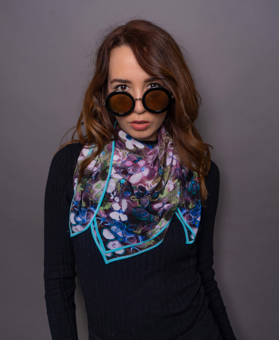 classic square silk scarf with vibrant floral design