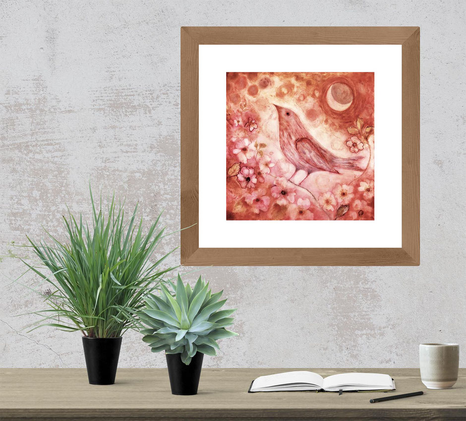 pink song bird moonlight roses moonbird collagraph print