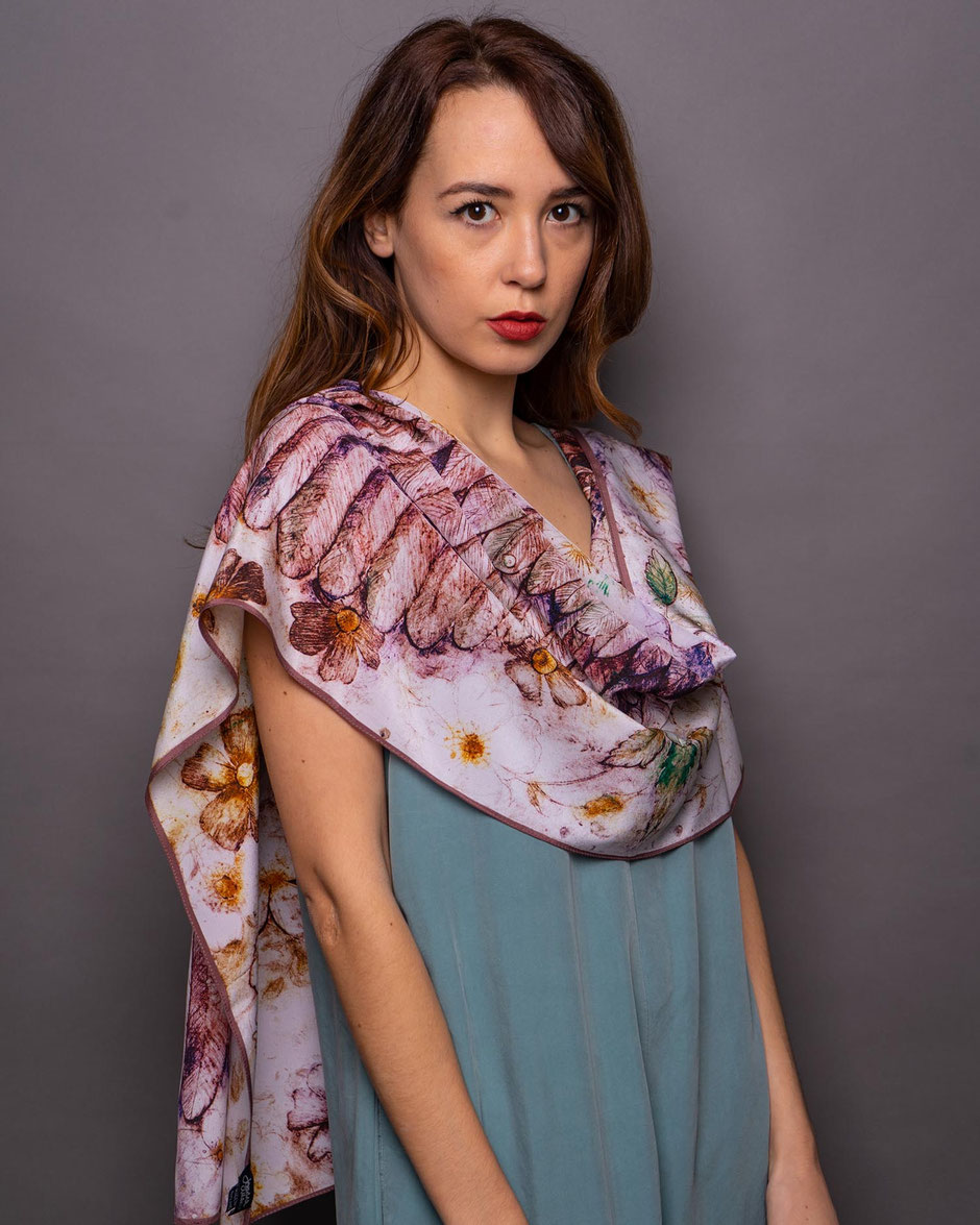 romantic red and pink silk shawl featuring Cupid's wings