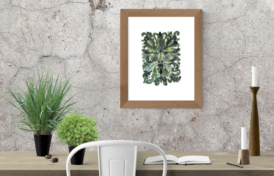 mysterious green man leaves foliage face collagraph art print