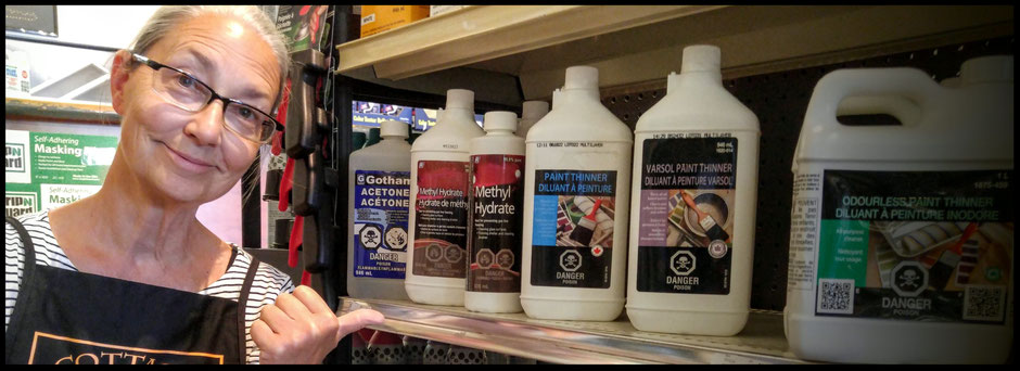 Judith displays shelf of methyl hydrate, mineral spirits, acetone and varsol.