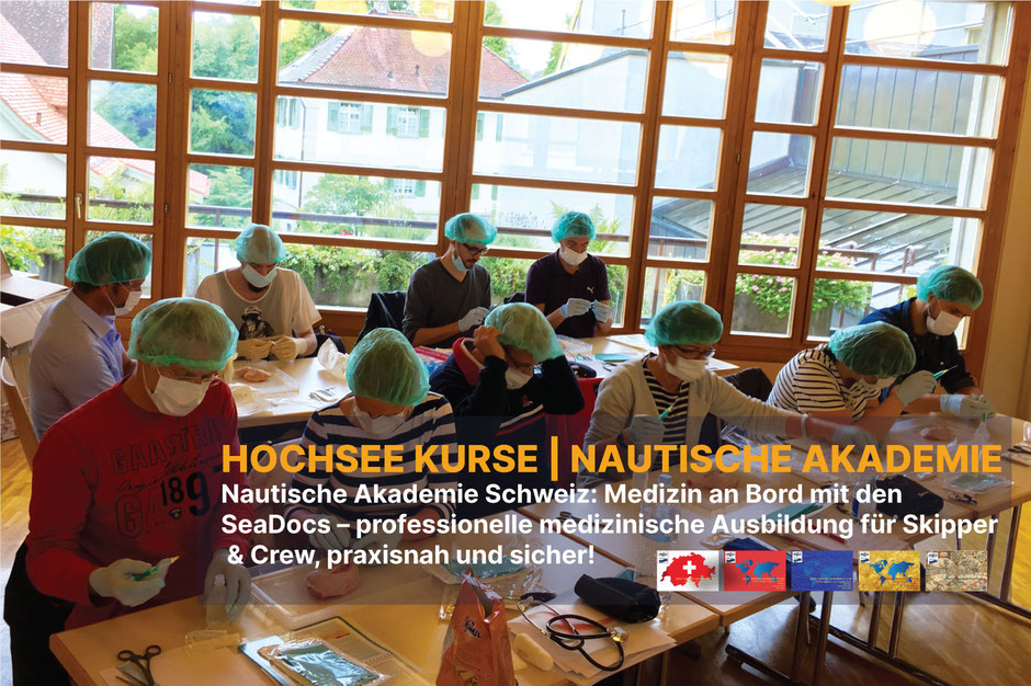 Kurs Medizin an Bord – SeaDoc-Ausbildung bei der Nautischen Akademie Schweiz, praxisnahes Training mit Schutzkleidung und chirurgischer Übung.