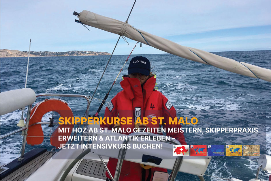 Skipperkurs ab St. Malo mit HOZ: Person im Ölzeug am Steuer einer Segelyacht im Gezeitenrevier der Bretagne – Atlantiktraining im HOZ Intensivkurs.