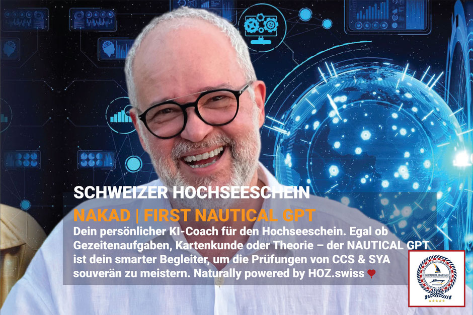 Porträt des lächelnden Entwicklers Christoph Felix Alexander Winterhalter mit Brille vor einer digitalen Weltkugel- und Datengrafik: NAKAD | First Nautical GPT® als persönlicher KI-Coach für den Schweizer Hochseeschein.