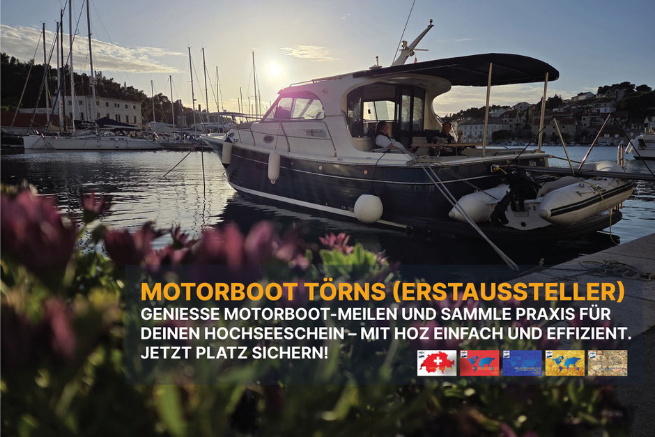 Motorboot Meilentörn ab Sukosan für Hochseeschein Schweiz – 10 Tage, 500 Seemeilen auf moderner Yacht ab HOZ HUB Kroatien