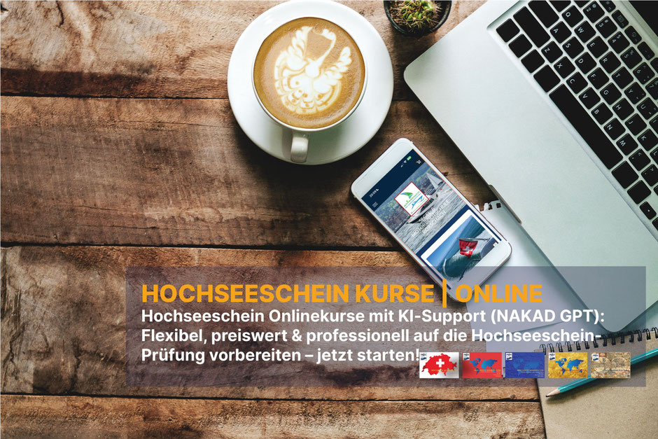 Laptop und Smartphone auf Holztisch, Hochseeschein Onlinekurse mit KI-Support (NAKAD GPT).