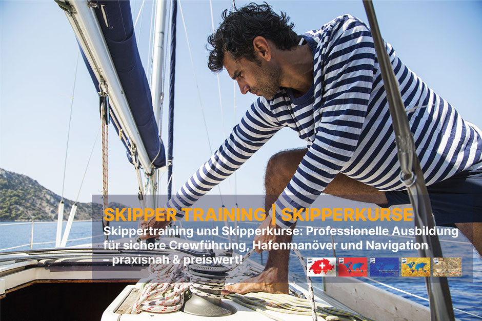Skippertraining auf Segelyacht – Mann trainiert an Deck Leinenführung und Crewmanagement bei HOZ Skipperkurs für Hafenmanöver und Navigation.