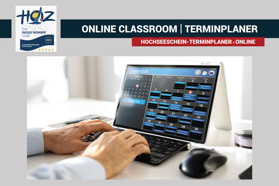 Monitoransicht mit digitalem Kalender – Online-Terminplaner für Hochseeschein, Kurse und Coaching im HOZ Classroom