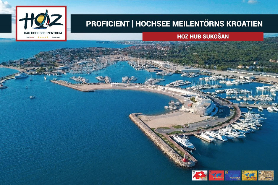 Luftaufnahme der Marina Sukosan bei Zadar – HOZ HUB Kroatien: Hochsee-Meilentörns entlang der Adria, praxisnahes Training und Seemeilensammeln.