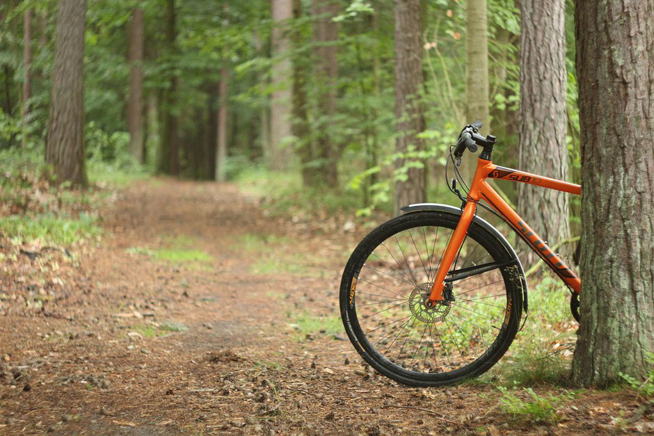 vélo vtt orange dans la forêt