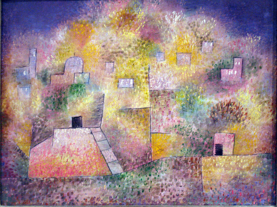 Dans des tons mauves avec des zones jaunes, par petites touches comme du pointillisme avec un effet de feu d'artifice, quelques traits dessinent des chemins et des maisons #provence #art #ayniart