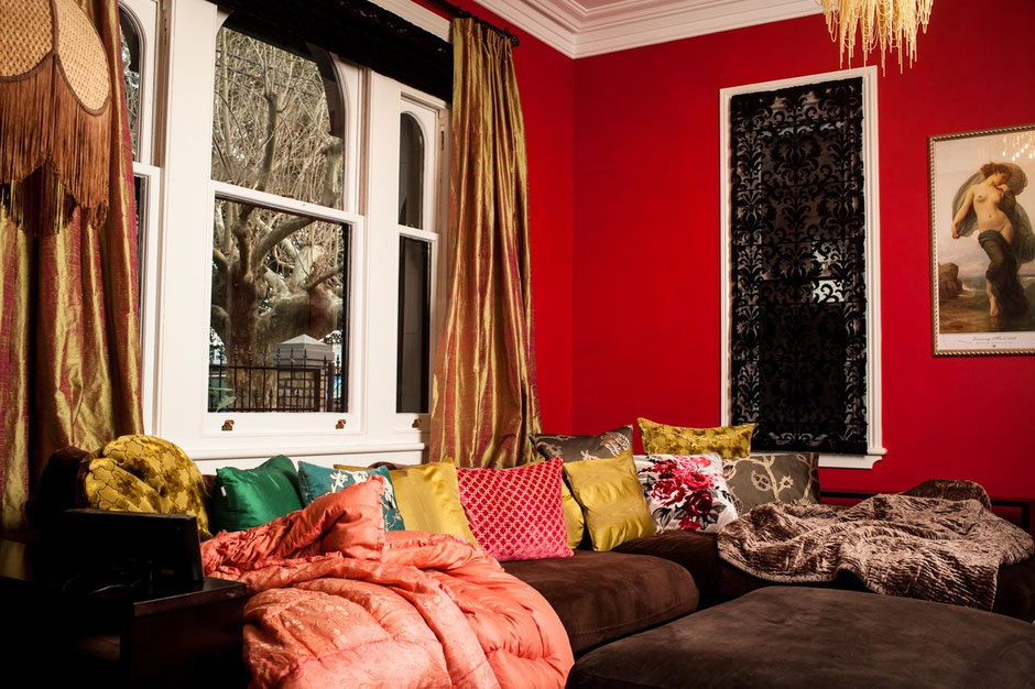Full view of custom drapery with pelmets and velvet detailing – Cooks Hill interior