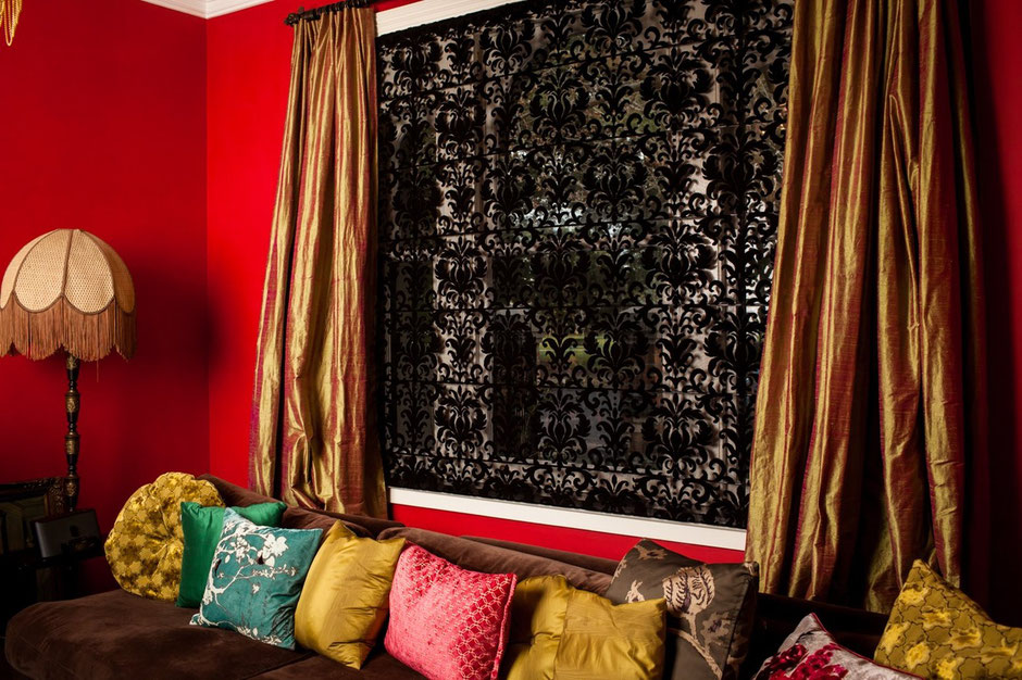 Custom velvet damask curtain panel with rich gold drapes – Cooks Hill residence