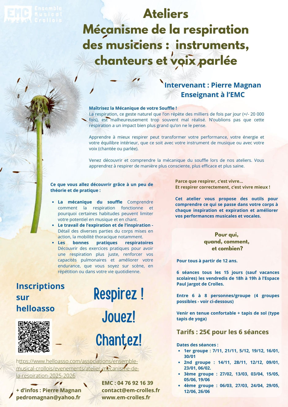 affiche; atelier respiration; Ensemble Musical Crollois; école de musique