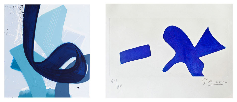 Links: Verve 13, 120 x 110 cm, Acryl auf Leinwand, Aatifi 2019 – Rechts: Die alltägliche Magie, 19 x 38,5 cm, Farbradierung, Georges Braque 1959/68