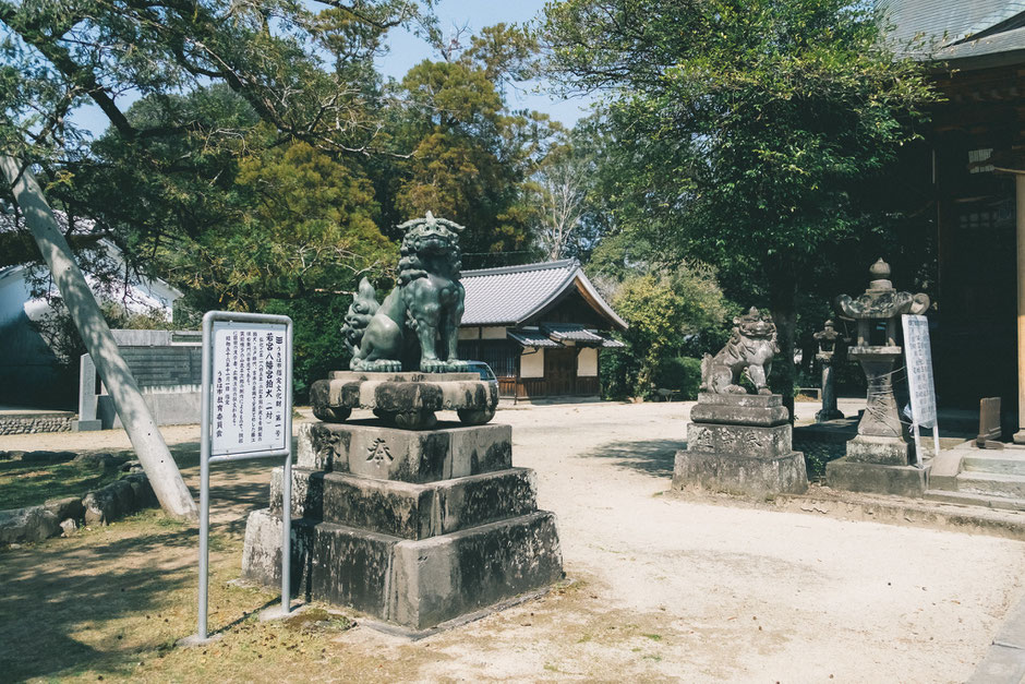 【うきは市吉井町】若宮八幡神社 角がある狛犬(吽形)