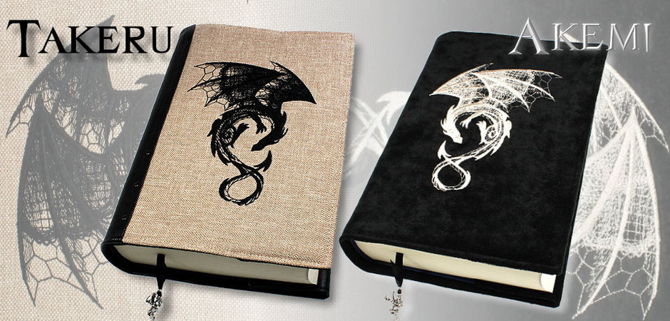 Buchhüllen Takeru und Akemi mit Drachenstickerei
