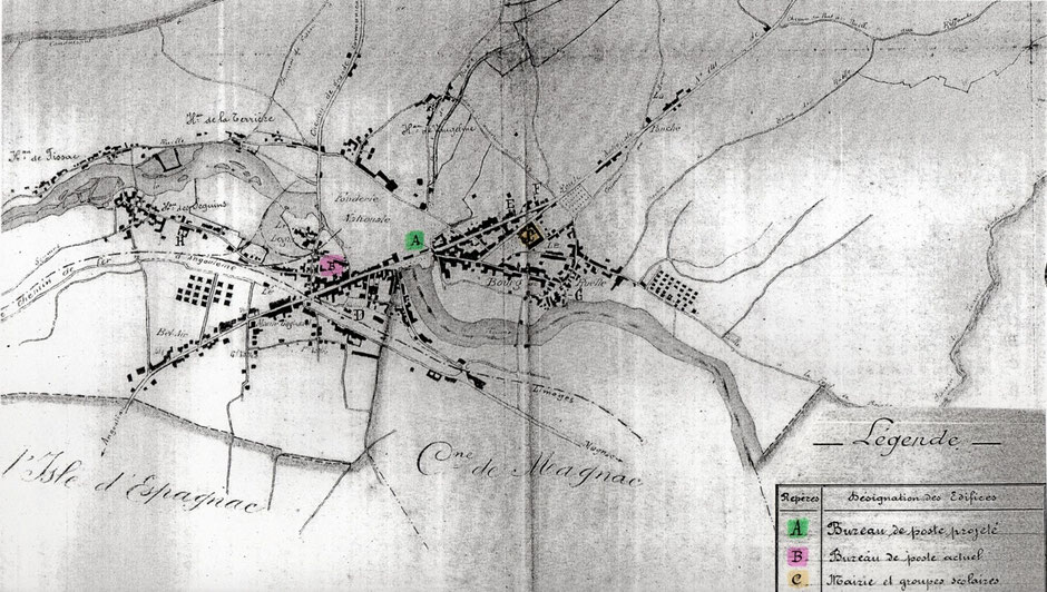 Plan dressé vers 1925 ; en rose, le bureau existant à cette époque.