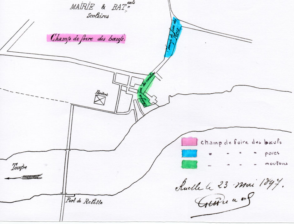Sur ce plan, élaboré pour le projet de passerelle de Relette, apparaissent les différents champs de foire ; le champ de foire des bœufs est surdimensionné.