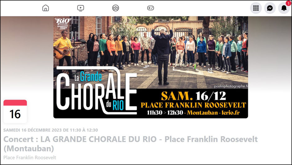 Capture d'écran d'un évènement Facebook réalisé à partir d'une photo de la Grande chorale deu Rio à Montauban