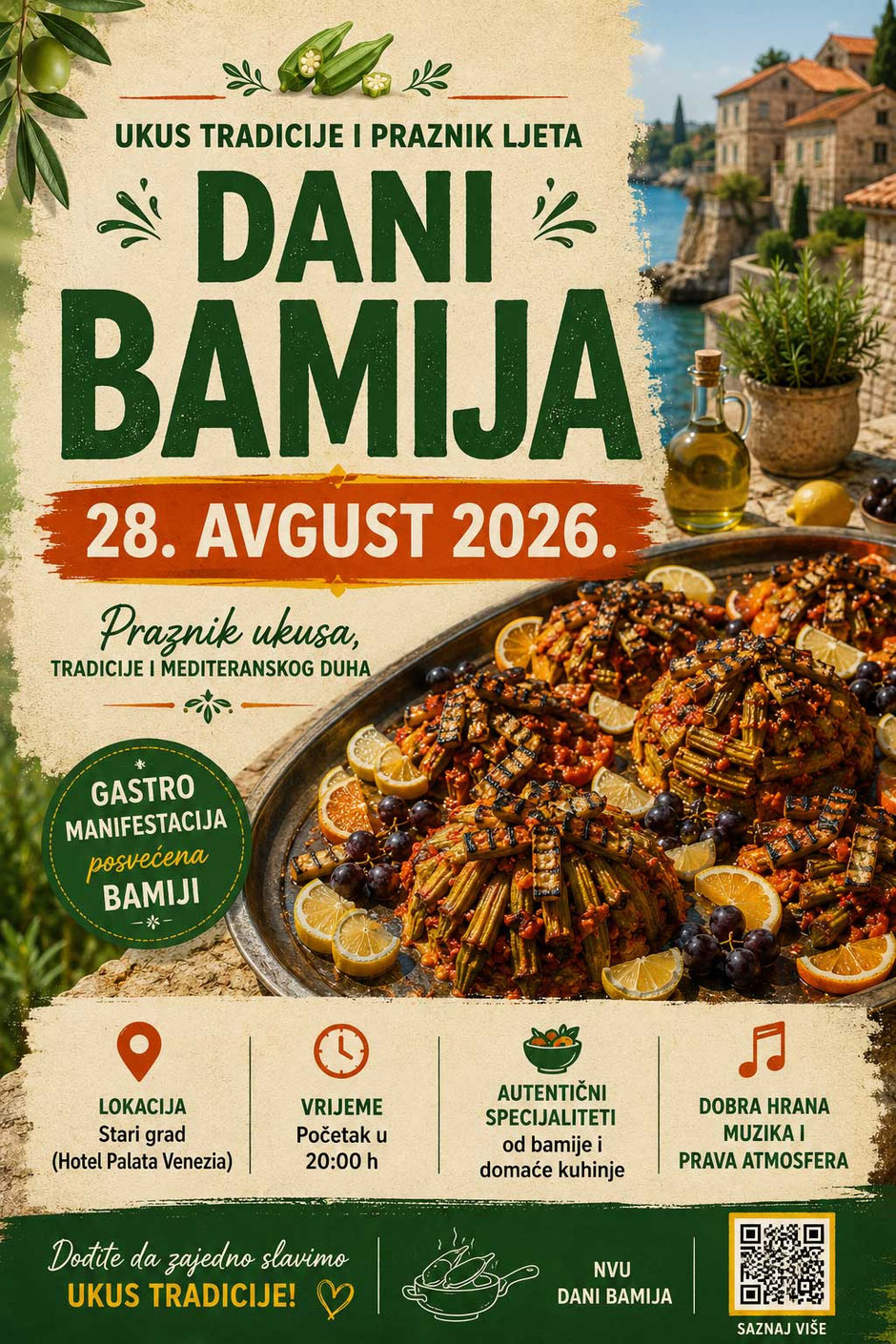 Promotional poster for the Dani Bamija 2026 food festival in Ulcinj, Montenegro, featuring a scenic Adriatic Sea view from Hotel Palata Venezia, traditional okra dishes, event details, QR code and Mediterranean-inspired design celebrating local gastronomy