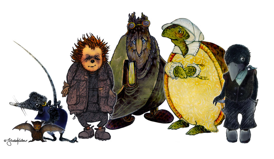 Die Schlosstiere Fleda, die Maus, Ratte Remmer, Igel Thomasius, Eule Sophus, Marias Schildkröte und Krähe Jacob anlässlich der Ratte-Remmer-Tage in Jever 2017. © Gisela Karlow