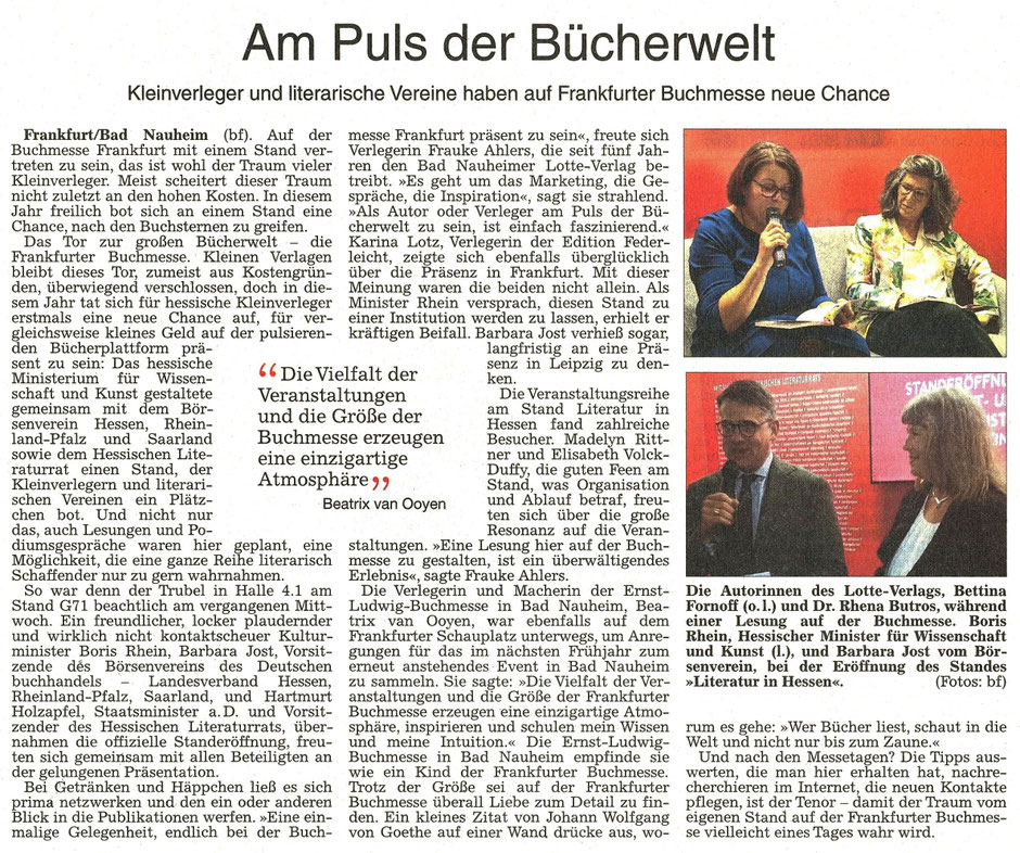 Am Puls der Bücherwelt, WZ 18.10.2018, Text + Fotos: Frauke Ahlers, Beatrix van Ooyen und pv