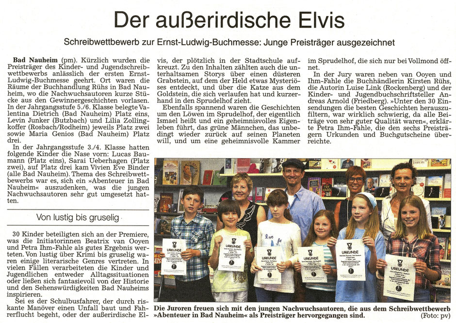 Der außerirdische Elvis, Schreibwettbewerb zur Ernst-Ludwig-Buchmesse: Junge Preisträger ausgezeichnet, Text und Foto: Petra Ihm-Fahle, WZ 26.07.2017